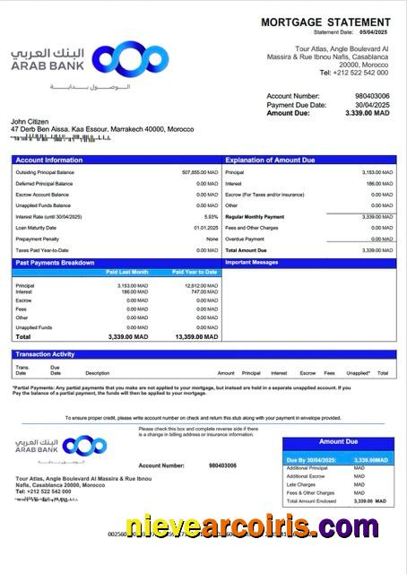 Morocco Arab Bank mortgage statement Word and PDF template